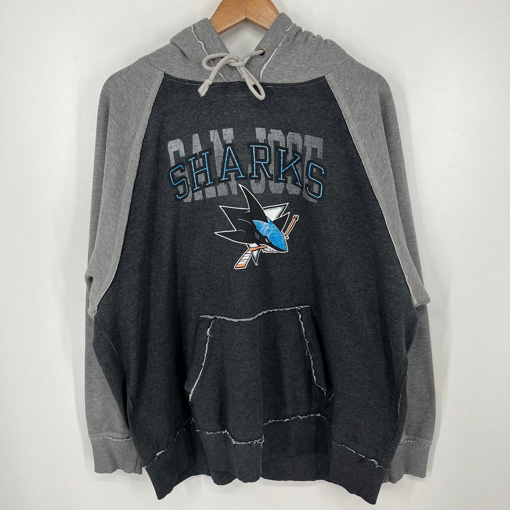 J. America San Jose Sharks NHL Raglan Hoodie Mens XL Gray Charcoal Distressed